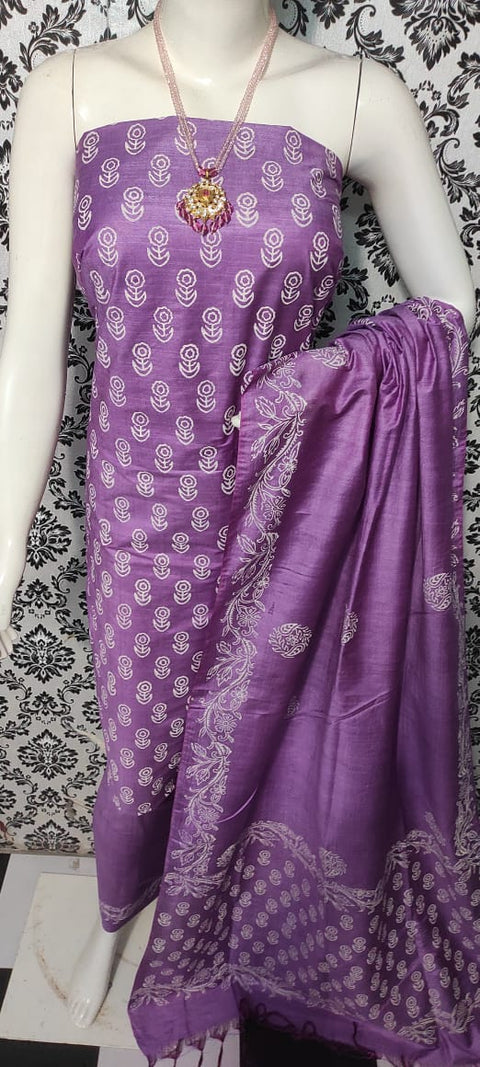 Purple Color Printed Cotton Silk Dress Material
