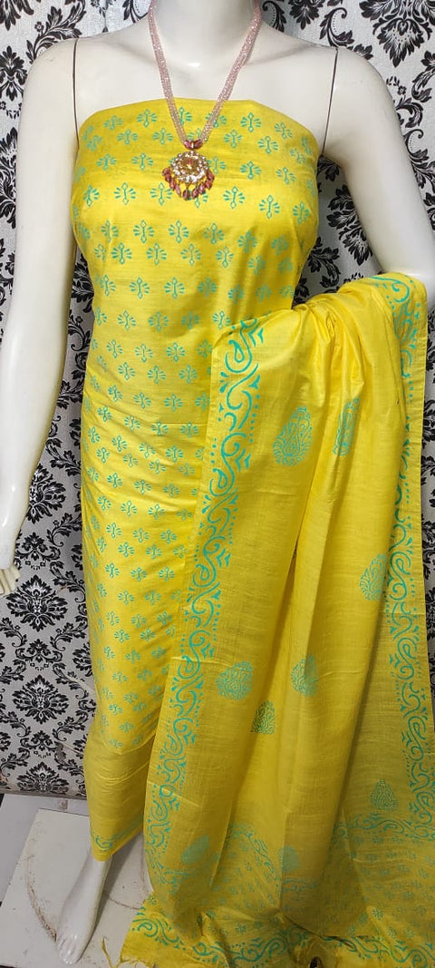 Printed Yellow Color Cotton Silk Dress Material