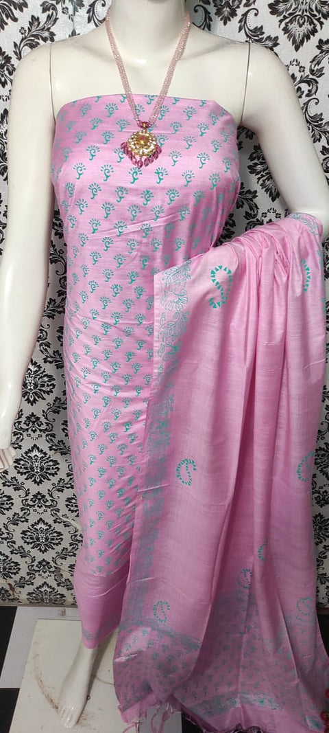 Pink Color Printed Cotton Silk Dress Material