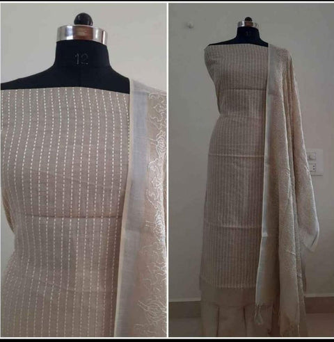 Beige Color Cotton Viscose Silk Embroidered Dress Material - Trend In Need
