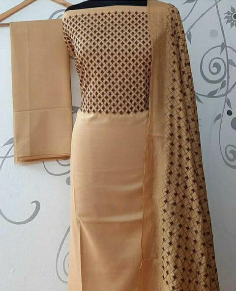 Beige Color Katan Viscose Silk Embroidered Dress Material - Trend In Need