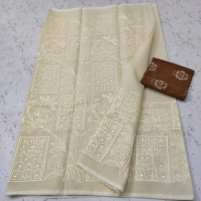 Beige Color Machine Embroidered Kota Doria Cotton Saree - Trend In Need