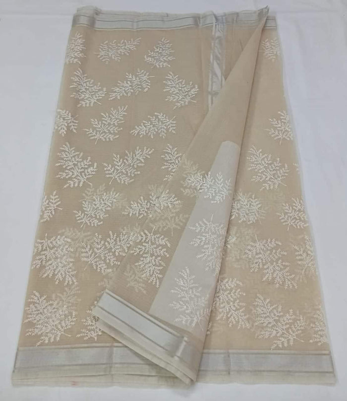 Beige Color Machine Embroidred Work Kota Doria Cotton Saree
