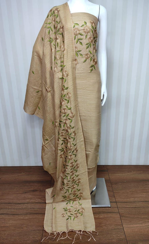 Beige Color Matka Cotton Embroidered Dress Material - Trend In Need