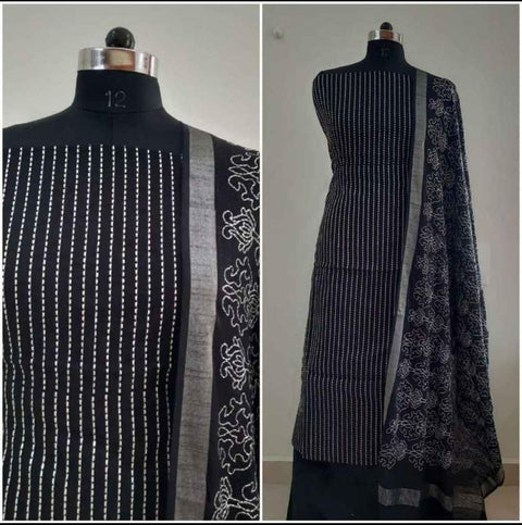 Black Color Cotton Viscose Silk Embroidered Dress Material - Trend In Need