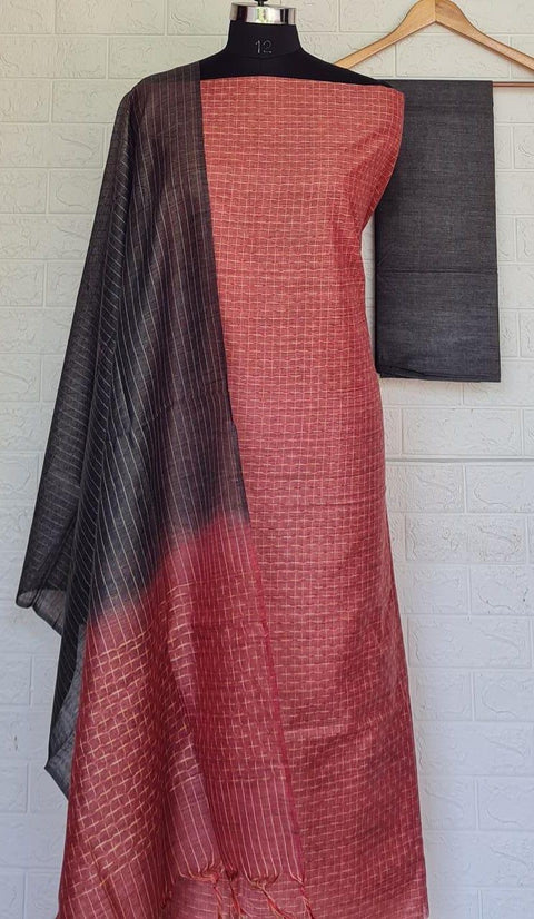 Black Color Handwoven Cotton Silk Dress Material - Trend In Need