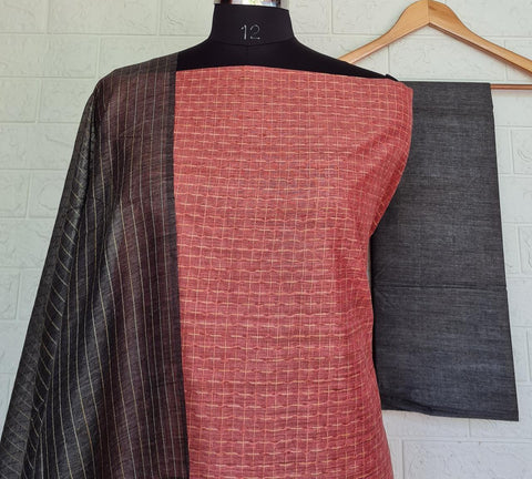 Black Color Handwoven Cotton Silk Dress Material - Trend In Need