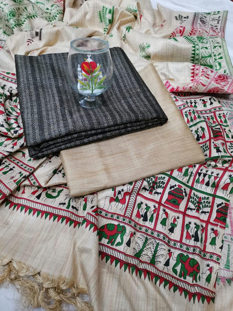 Black Color Semi Raw Silk Dress Material With Handwoven Cotton Silk Dupatta - Trend In Need