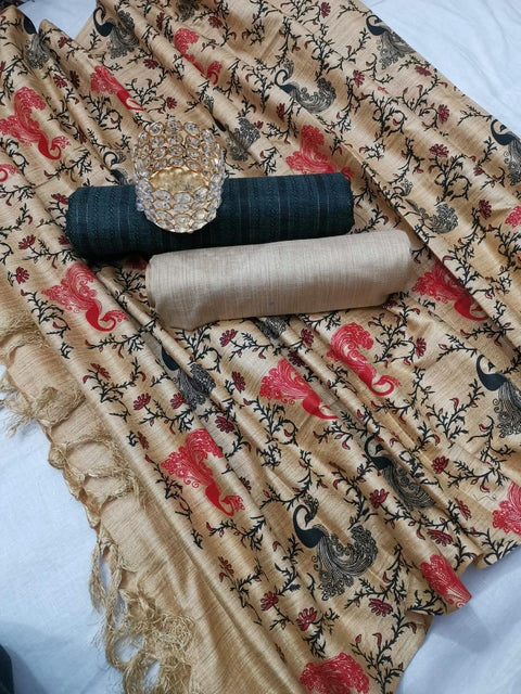 Black Color Semi Raw Silk Dress Material With Handwoven Cotton Silk Dupatta - Trend In Need
