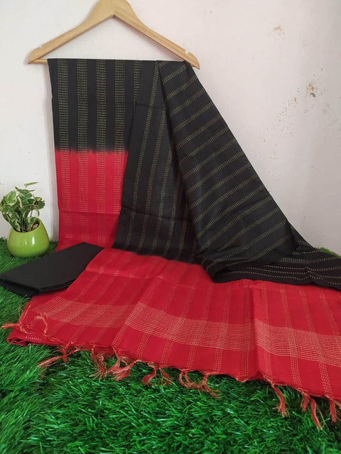 Black Red Color Handwoven Cotton Silk Dress Material - Trend In Need
