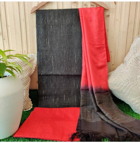 Black Red Color Katan Silk Viscose Ghicha Lines Suit - Trend In Need