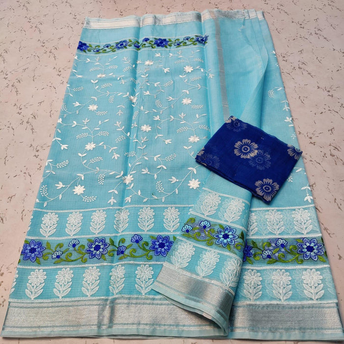 Blue Color Cotton Mix Kota Doria Embroidery Saree