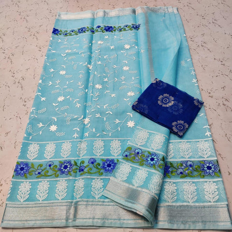 Blue Color Cotton Mix Kota Doria Embroidery Saree - Trend In Need