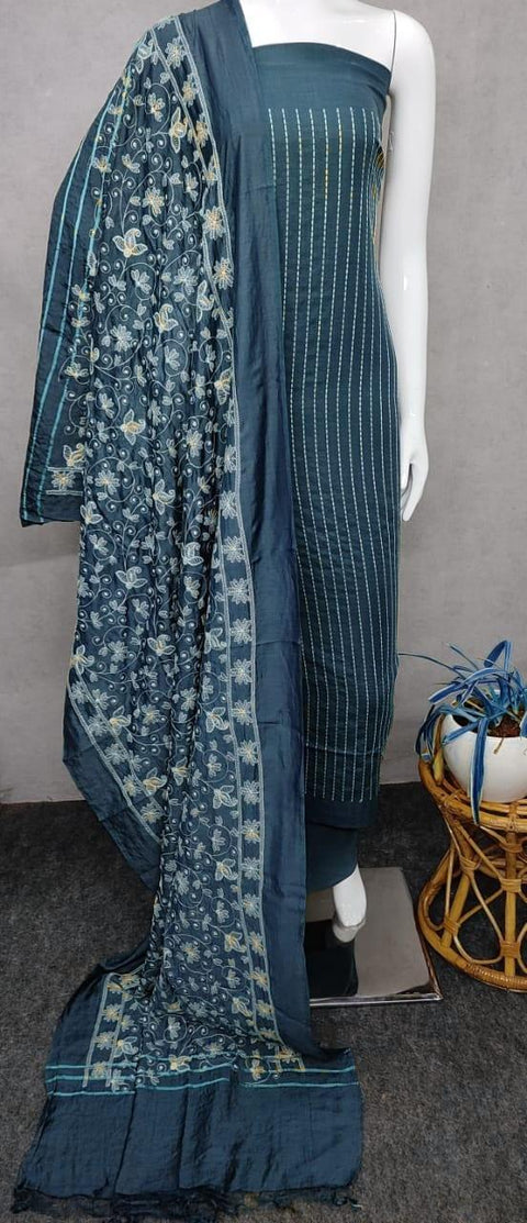 Blue Color Cotton Silk Embroidered Dress Material - Trend In Need