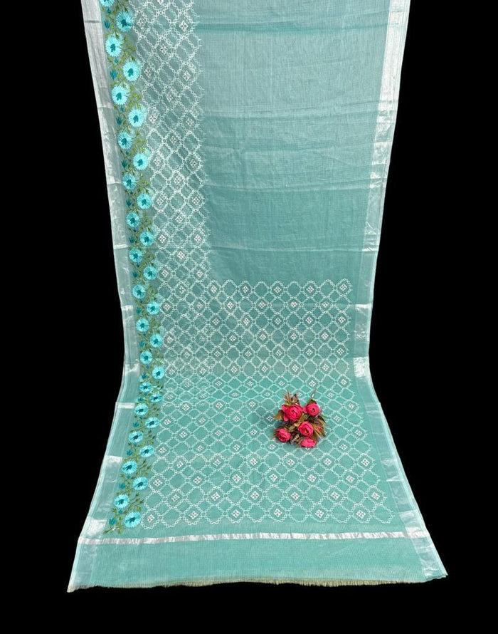 Blue Color Embroidered Kota Doria Saree