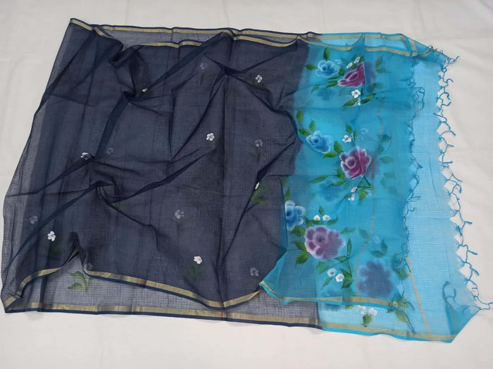 Blue Color Hand Brush Painted Kota Doria Pure Cotton Dupatta - Trend In Need