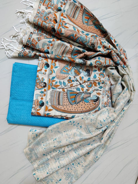 Blue Color Handwoven Cotton Matka Silk Dress Material - Trend In Need