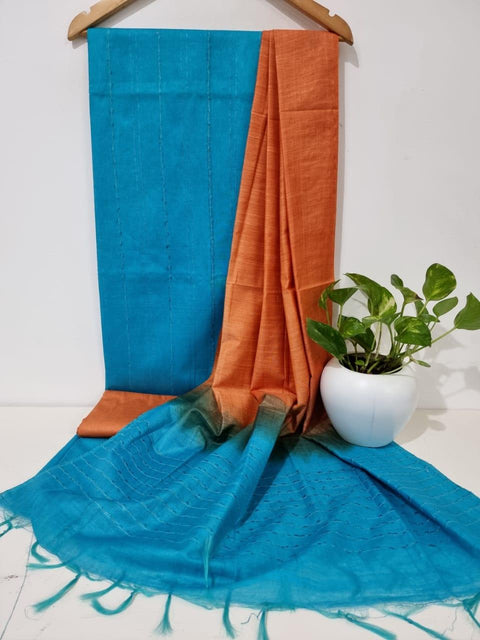 Blue Color Katan Staple Silk Woven Dress Material - Trend In Need