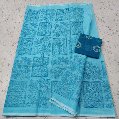 Blue Color Machine Embroidered Kota Doria Cotton Saree - Trend In Need