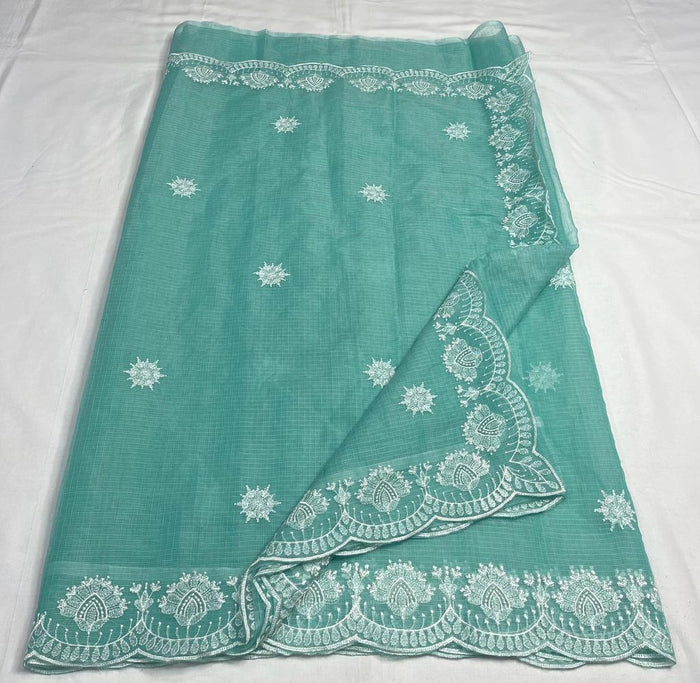 Blue Color Machine Embroidered Work Kota Doria Cotton Saree