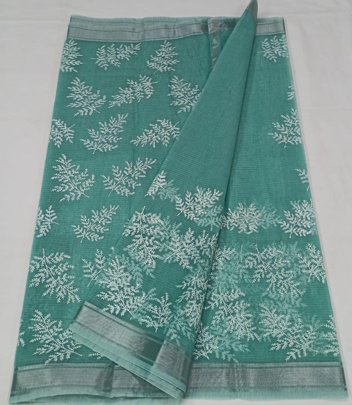 Blue Color Machine Embroidred Work Kota Doria Cotton Saree