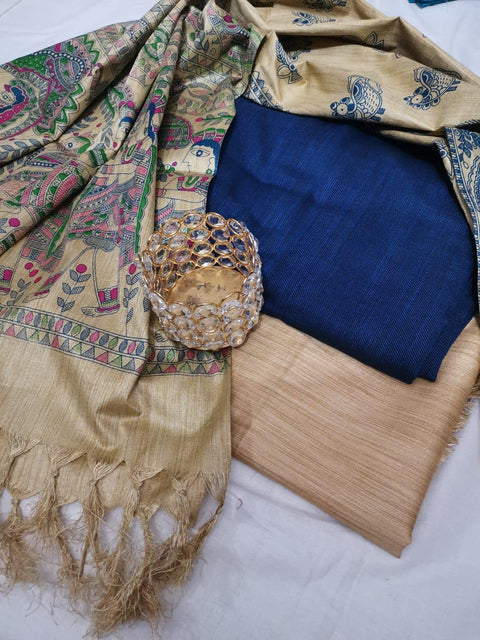 Blue Color Matka handwoven cotton silk Dress Material With handwoven cotton silk Dupatta - Trend In Need