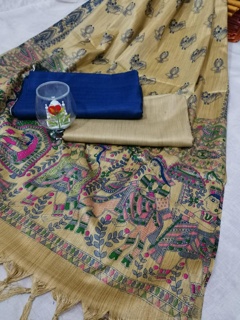 Blue Color Semi Raw Silk Dress Material With Handwoven Cotton Silk Dupatta - Trend In Need