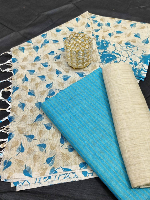Blue Color Semi Raw Silk Dress Material With Handwoven Cotton Silk Dupatta - Trend In Need