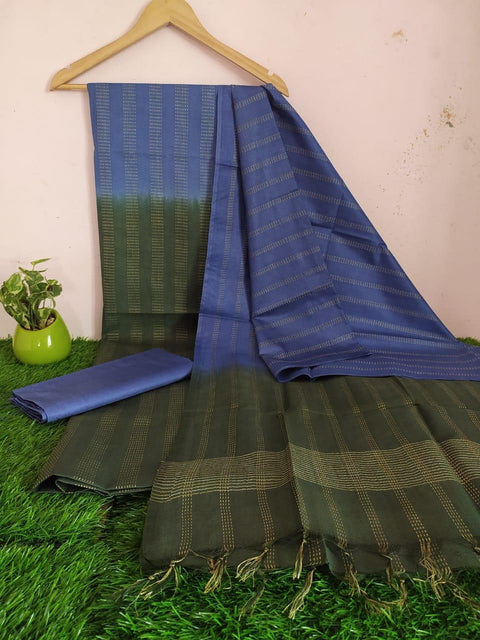 Blue Green Color Handwoven Cotton Silk Dress Material - Trend In Need