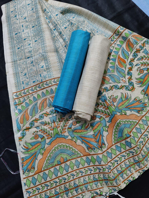 Blue Matka Handwoven Cotton silk Dress Material With Madhubani Print Dupatta - Trend In Need