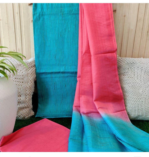 Blue Pink Color Katan Silk Viscose Ghicha Lines Suit - Trend In Need