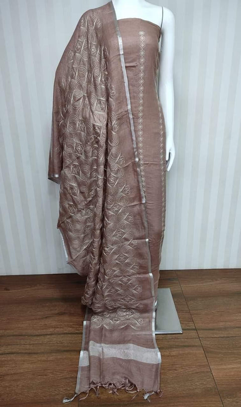 Brown Color Cotton Silk Machine Embroidered Unstitched Suit Material - Trend In Need