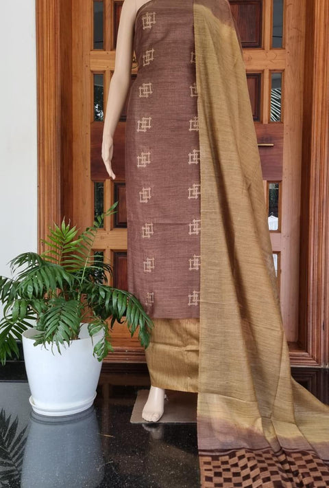Brown Color Handwoven Cotton Baswada Silk Woven Dress Material - Trend In Need