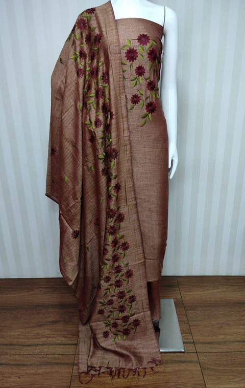 Brown Color Matka Cotton Embroidered Unstitched Suit - Trend In Need