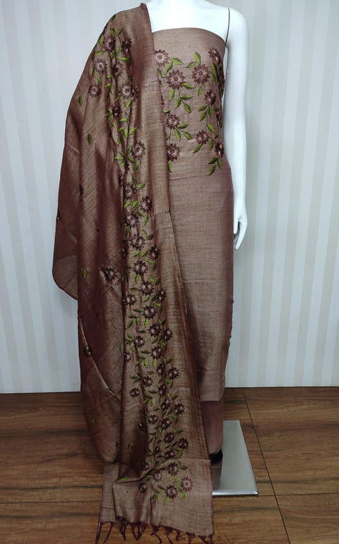Brown Color Matka Cotton Embroidered Unstitched Suit - Trend In Need