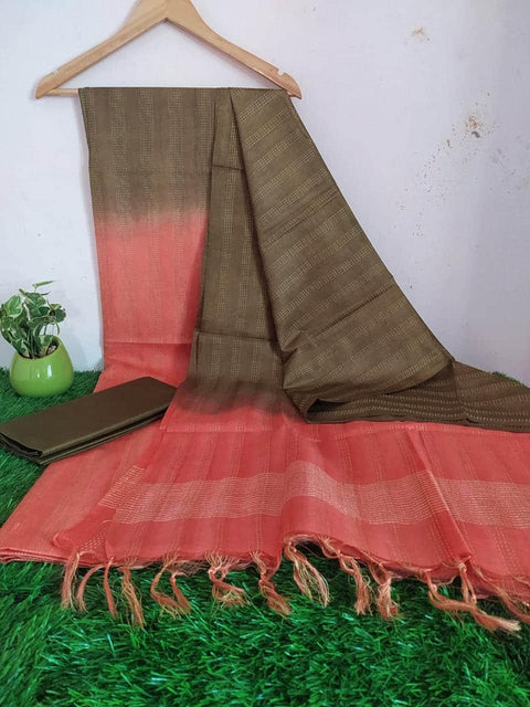 Brown Peach Color Handwoven Cotton Silk Dress Material - Trend In Need