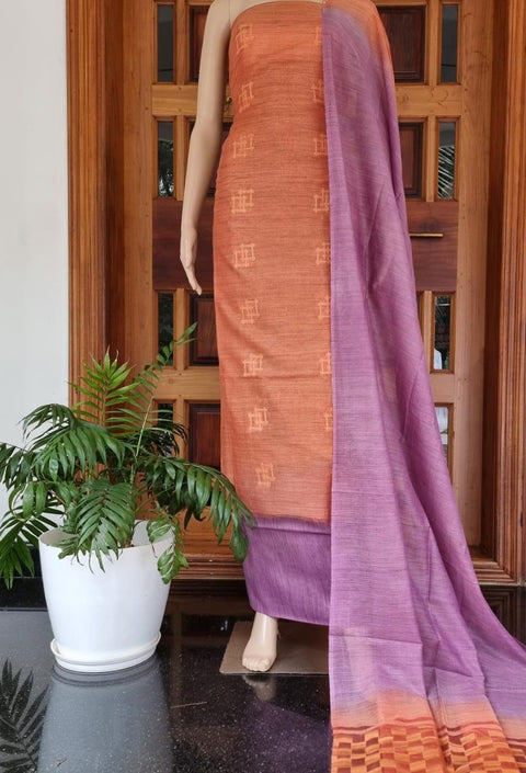 Brown Purple Color Handwoven Cotton Baswada Silk Woven Dress Material - Trend In Need