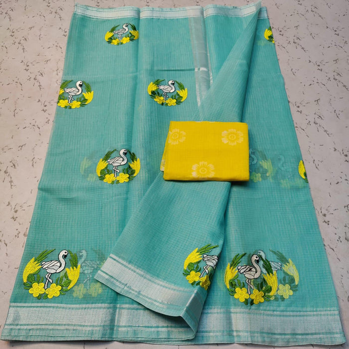 Cotton Mix Kota Doria Blue Color Embroidery Saree