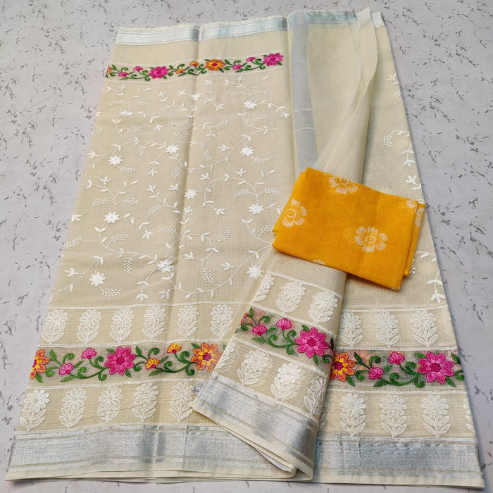 Cotton Mix Kota Doria Embroidery Beige Color Saree