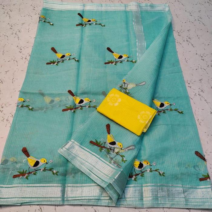 Cotton Mix Kota Doria Embroidered Saree for Festive and Daily Wear - Blue Color