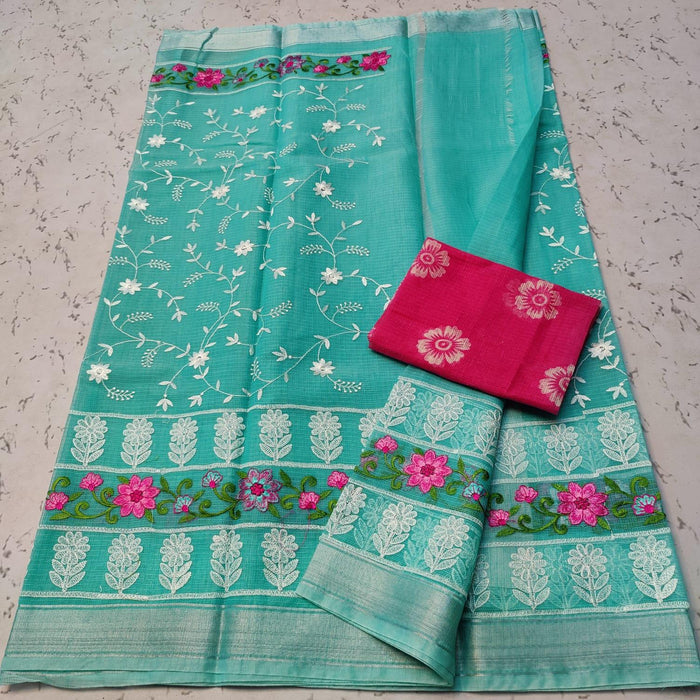 Cotton Mix Kota Doria Embroidery Blue Color Saree