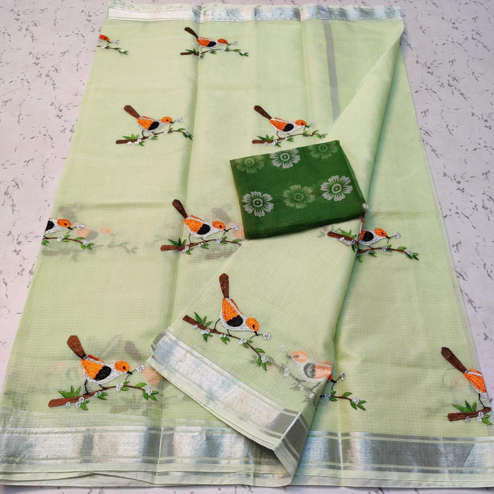 Cotton Mix Kota Doria Embroidered Saree for Festive and Daily Wear - Pista Green Color