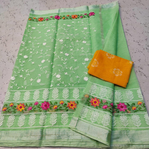 Cotton Mix Kota Doria Embroidery Green Color Saree - Trend In Need