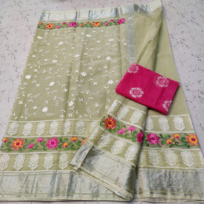 Cotton Mix Kota Doria Embroidery Green Color Saree