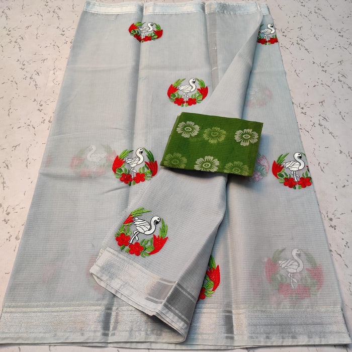 Cotton Mix Kota Doria Embroidery Grey Color Saree