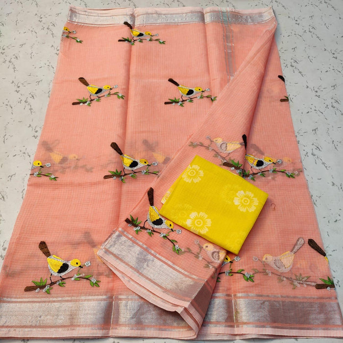 Cotton Mix Kota Doria Embroidered Saree for Festive and Daily Wear - Peach Color