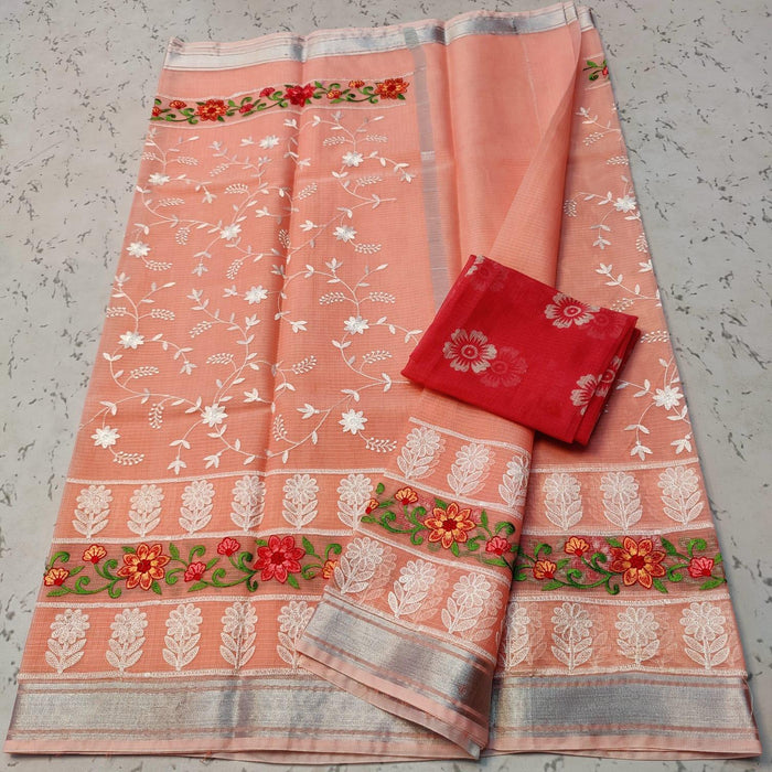 Cotton Mix Kota Doria Embroidery Peach Color Saree