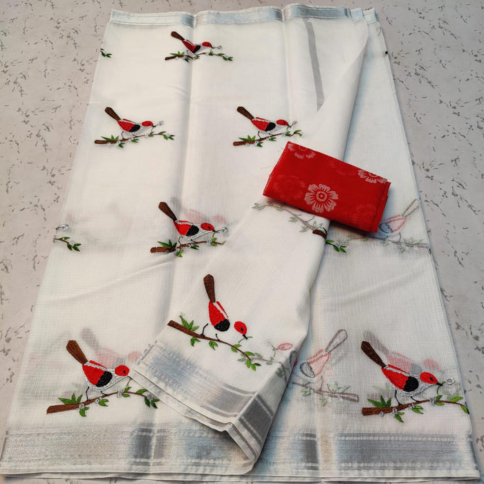Cotton Mix Kota Doria Embroidered Saree for Festive and Daily Wear - White Color