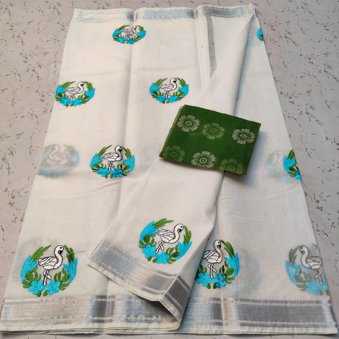 Cotton Mix Kota Doria Embroidery White Color Saree