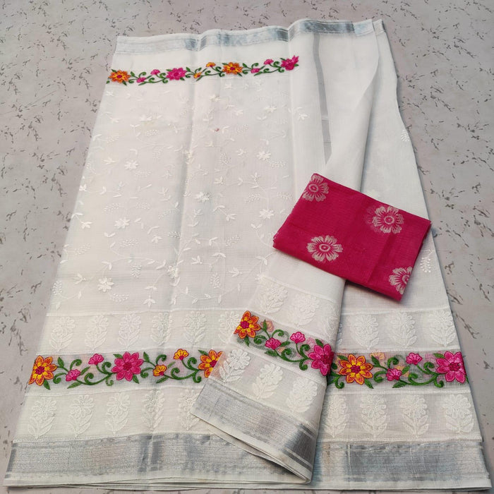 Cotton Mix Kota Doria Embroidery White Color Saree